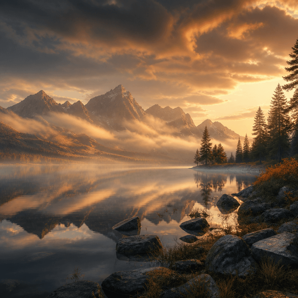 Text to Video: Misty mountain lake at golden hour, slow cinematic push-in