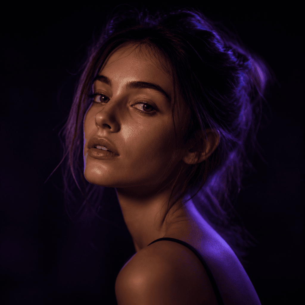 Text to Image: Editorial portrait, cyan rim light, shallow depth of field
