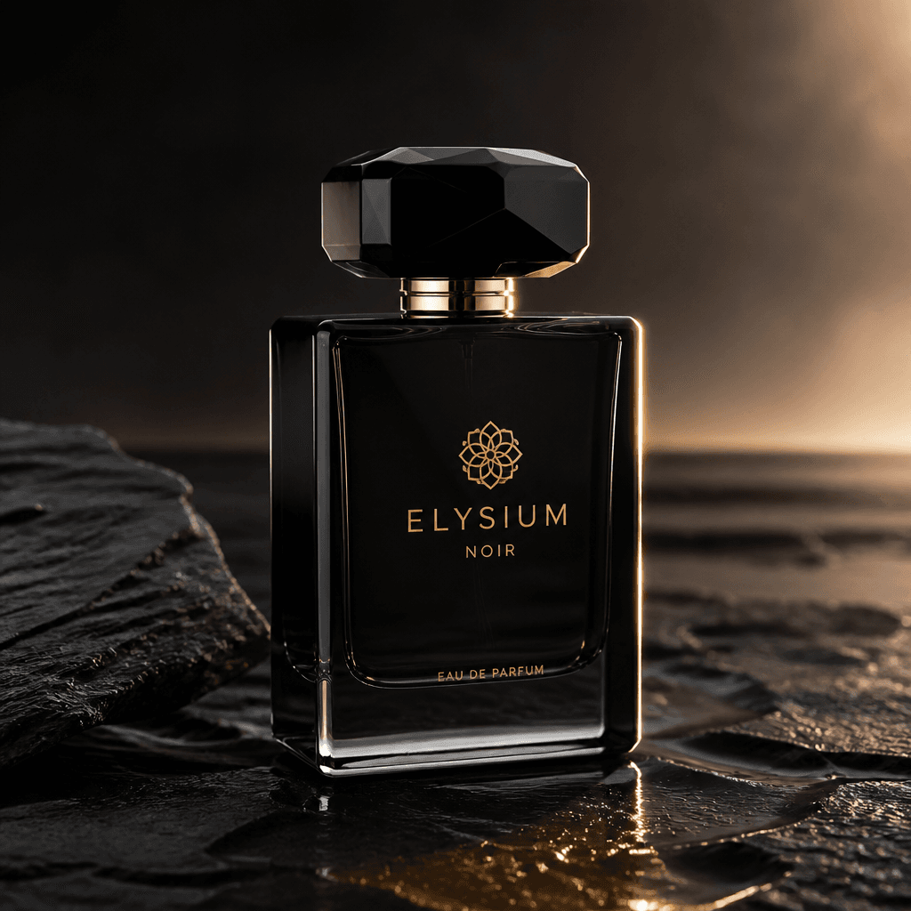 Edit Image: Luxury fragrance bottle on wet slate, soft gold rim light
