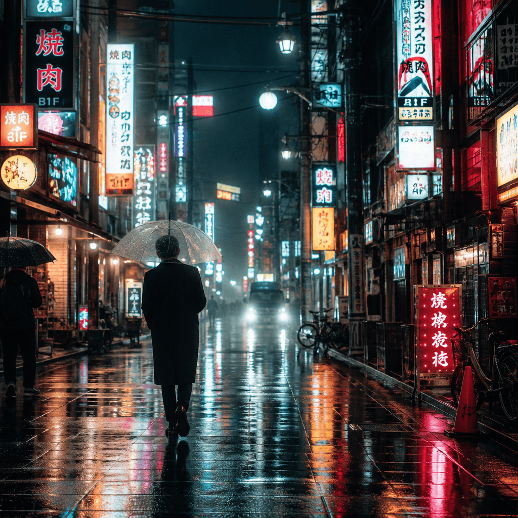 AI-generated cinematic neon cityscape at night with rain and lens flare